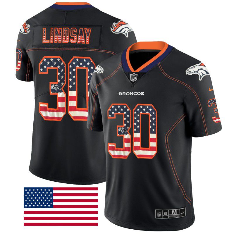 Men Denver Broncos #30 Lindsay Nike USA Flag Fashion Black Color Rush Limited NFL Jerseys